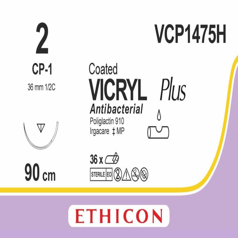 VICRYL PLUS непофарбований 90см M5 USP2 одна голка CP-1, тип зворотньо-ріжуча Reverse Cutting, 36мм, 1/2 кола